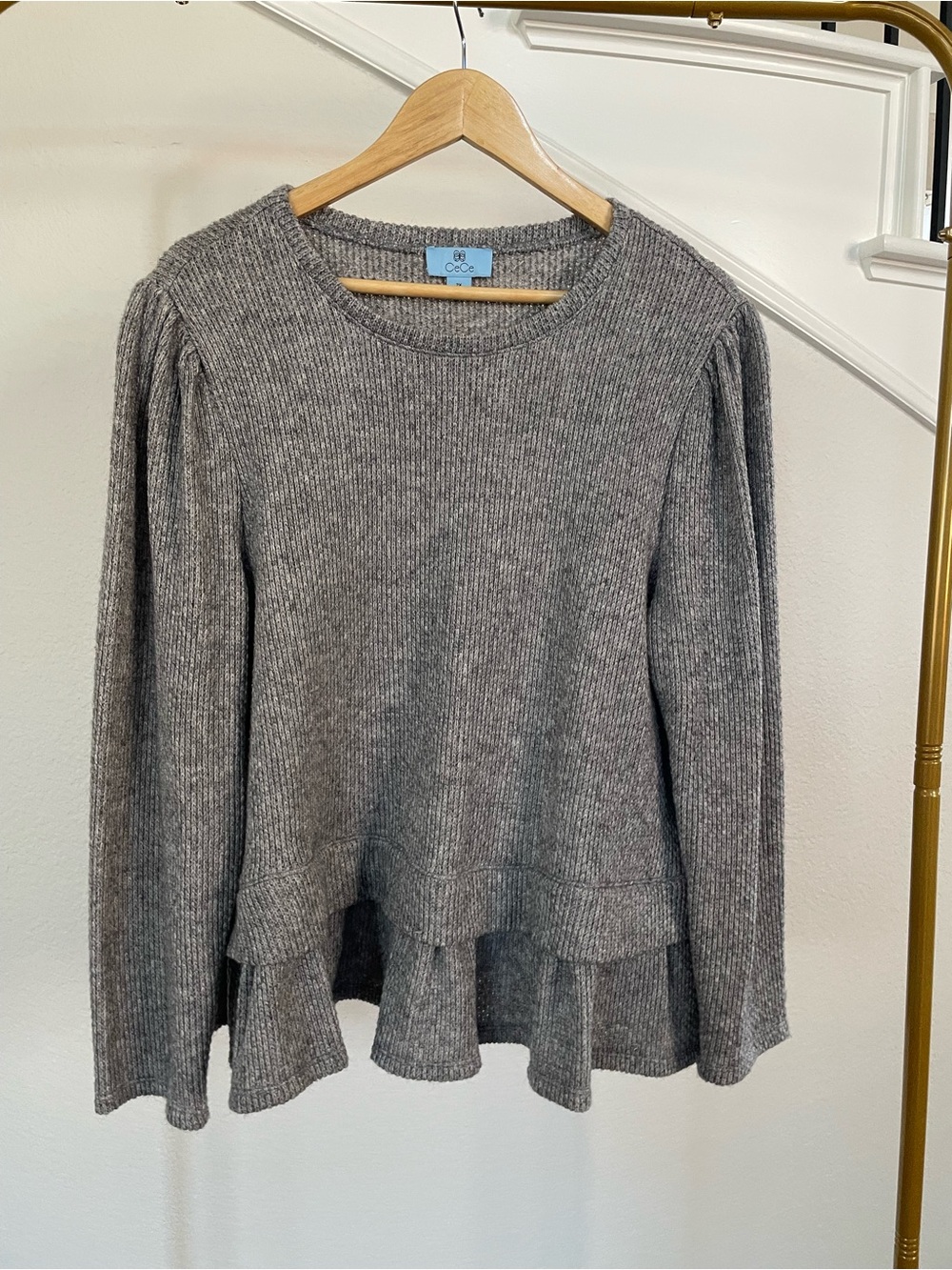 CeCe Heather Gray Ribbed Peplum Pullover